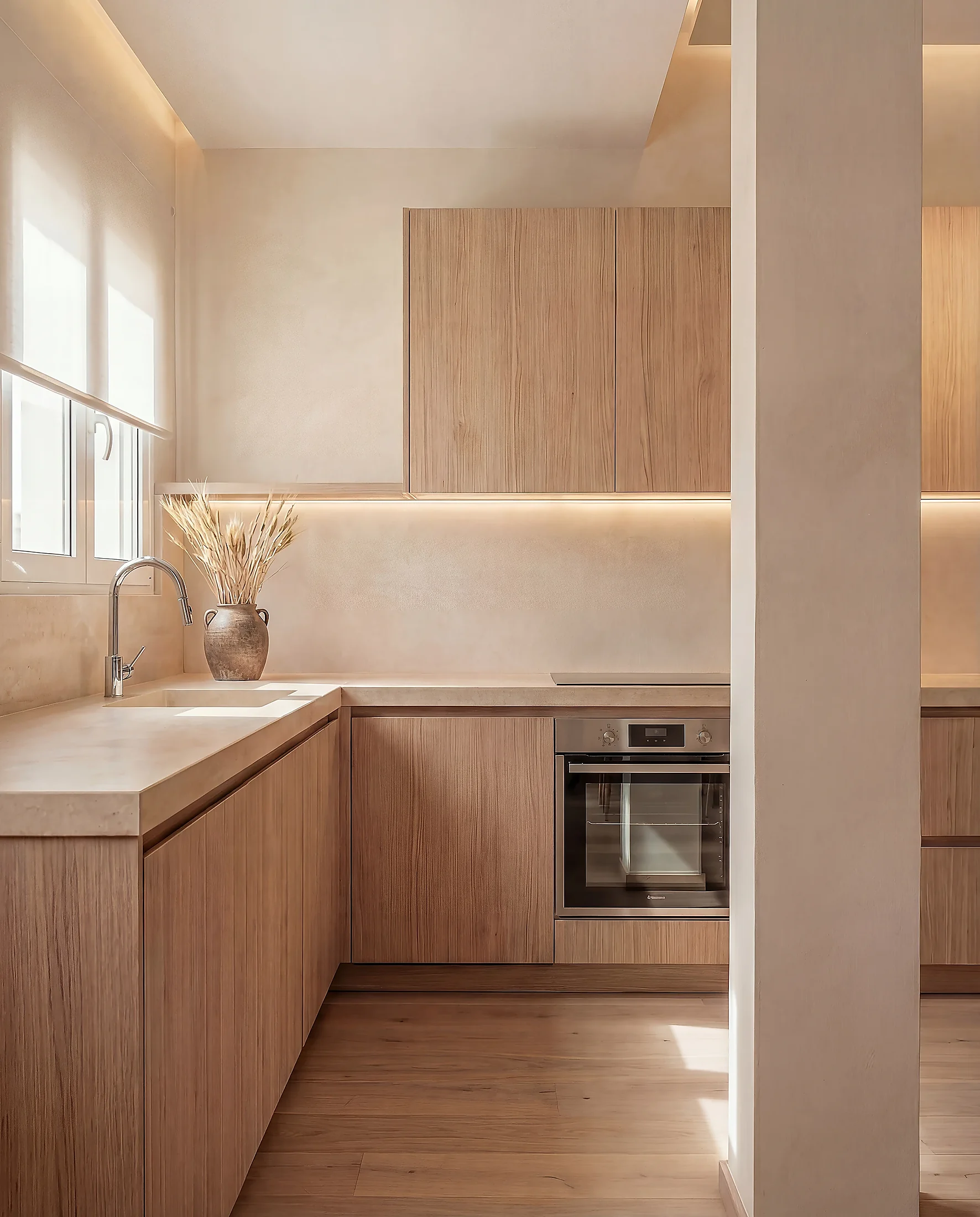 Modern kitchen renovation in Mallorca. Light oak cabinets and custom storage by Puntoreforma